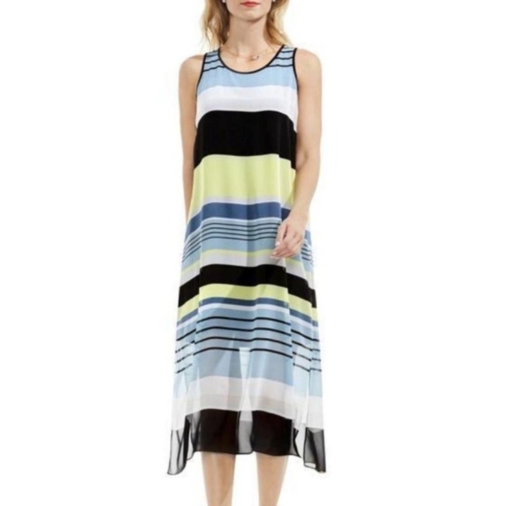 $129 Vince Camuto Womens Blue Striped Sleeveless Tea Length Shift Dress Size:S